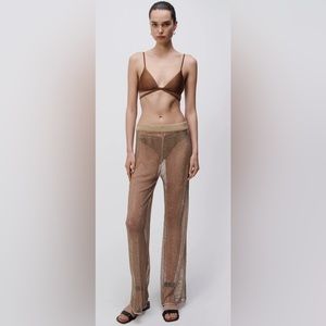 NWT Jonathan Simkhai Sullivan Crystal Mesh Coverup Pant in Bronze Size L
